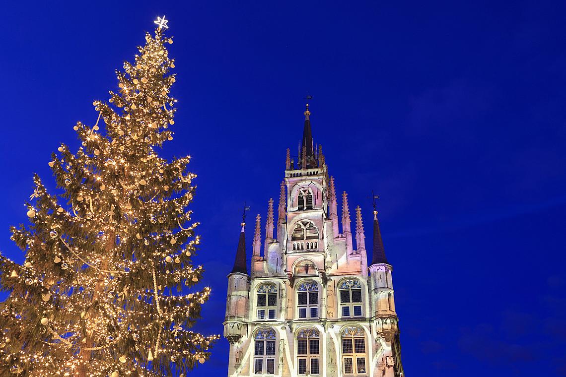 © iStock, Коледната елха и готическата сграда на кметството.