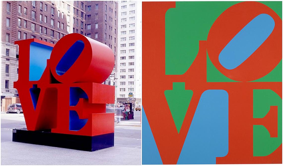 В ляво Скулптурата LOVE Redblue (Ню Йорк, САЩ)